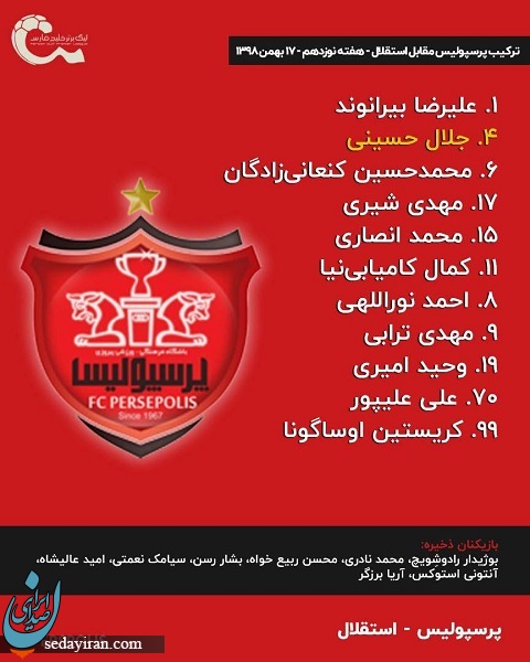 ترکیب رسمی پرسپولیس مقابل استقلال