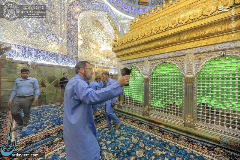 عکس/ غبارروبی ضریح حرم مطهر امام علی(ع)