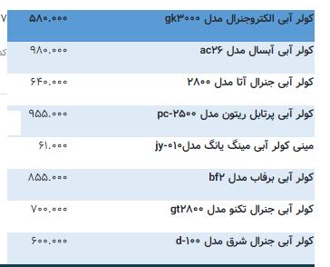 قیمت انواع کولرآبی 11 تیر 98 قیمت انواع کولرآبی 11 تیر 98
