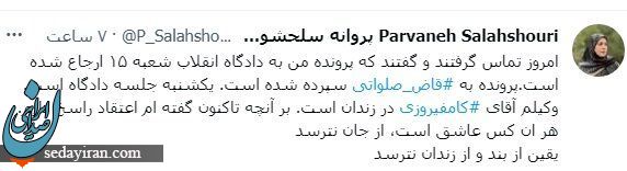 توییت کنایه آمیز پروانه سلحشوری/ یکشنبه جلسه دادگاه است و وکیلم زندان است!