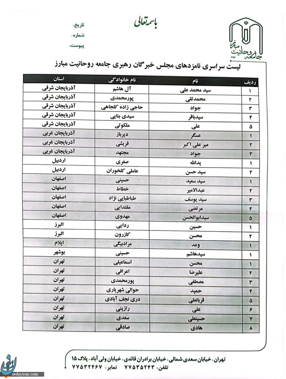 لیست نامزدهای جامعه روحانیت مبارز در انتخابات خبرگان سراسر کشور