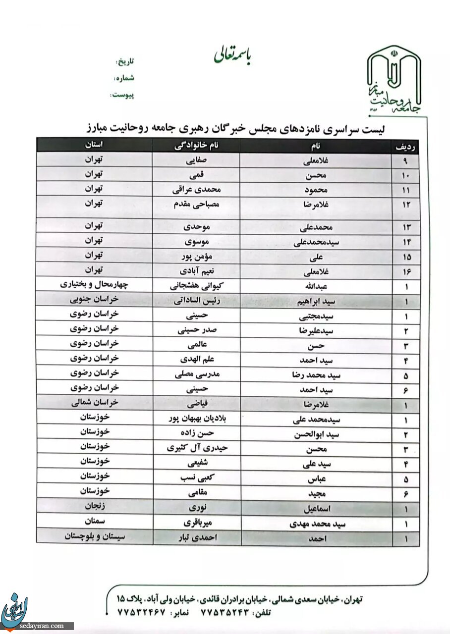 لیست نامزدهای جامعه روحانیت مبارز در انتخابات خبرگان سراسر کشور
