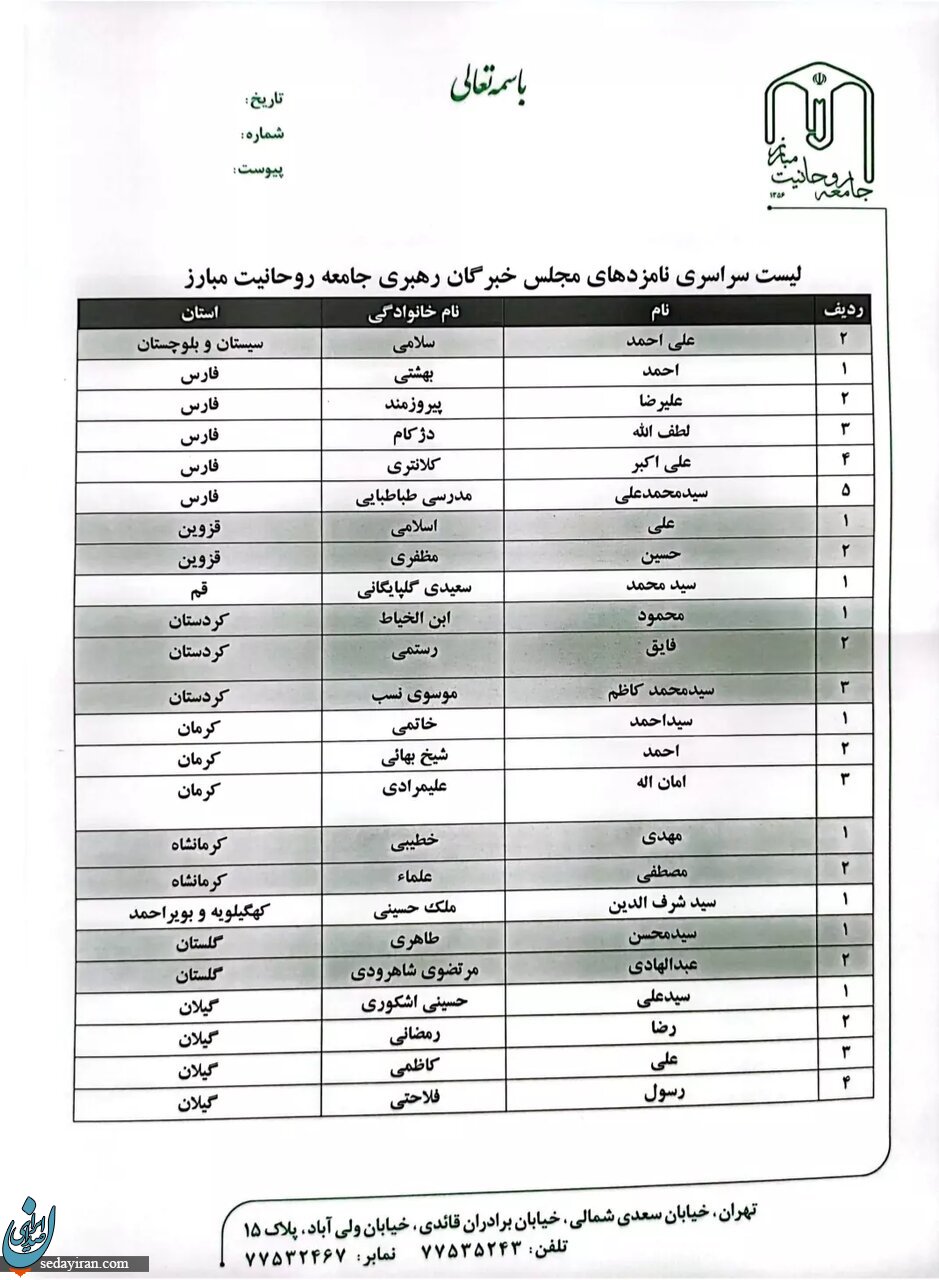 لیست نامزدهای جامعه روحانیت مبارز در انتخابات خبرگان سراسر کشور