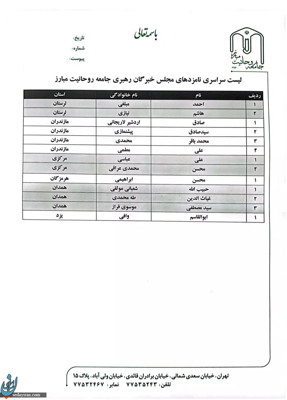 لیست نامزدهای جامعه روحانیت مبارز در انتخابات خبرگان سراسر کشور