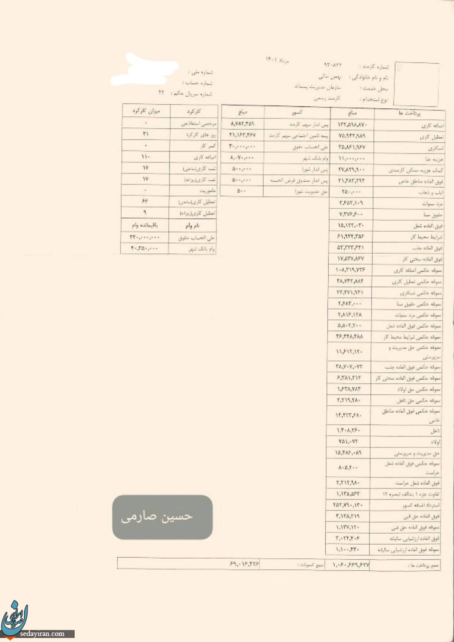 انتشار فیش حقوقی106 میلیونی کارمند شهرداری تهران / عکس