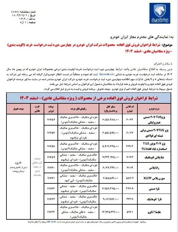 شرایط فروش فوق‌العاده ۹ محصول ایران خودرو اعلام شد